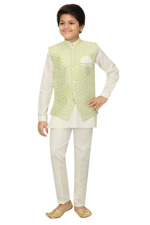 Ahhaaaa Kids Ethnic Chikankari Embroidery Waistcoat Kurta and Pajama Set For Boys Light Green