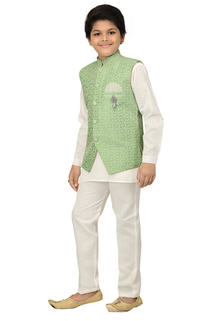 Ahhaaaa Kids Ethnic Chikankari Embroidery Waistcoat Kurta and Pajama Set For Boys