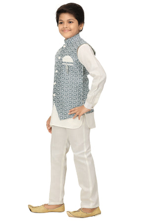 Ahhaaaa Kids Ethnic Chikankari Embroidery Waistcoat Kurta and Pajama Set For Boys