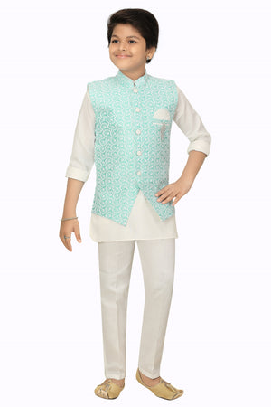 Ahhaaaa Kids Ethnic Chikankari Embroidery Waistcoat Kurta and Pajama Set For Boys