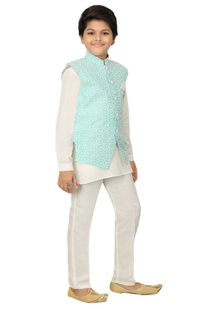 Ahhaaaa Kids Ethnic Chikankari Embroidery Waistcoat Kurta and Pajama Set For Boys