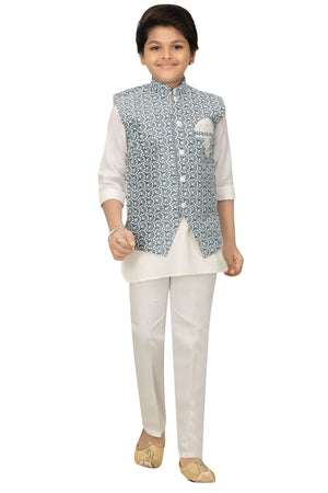 Ahhaaaa Kids Ethnic Chikankari Embroidery Waistcoat Kurta and Pajama Set For Boys Grey