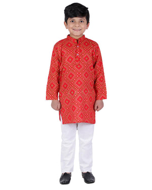 Ahhaaaa Kids Ethnic Cotton Bandhani Printed Kurta Pajama Set For Boys Red