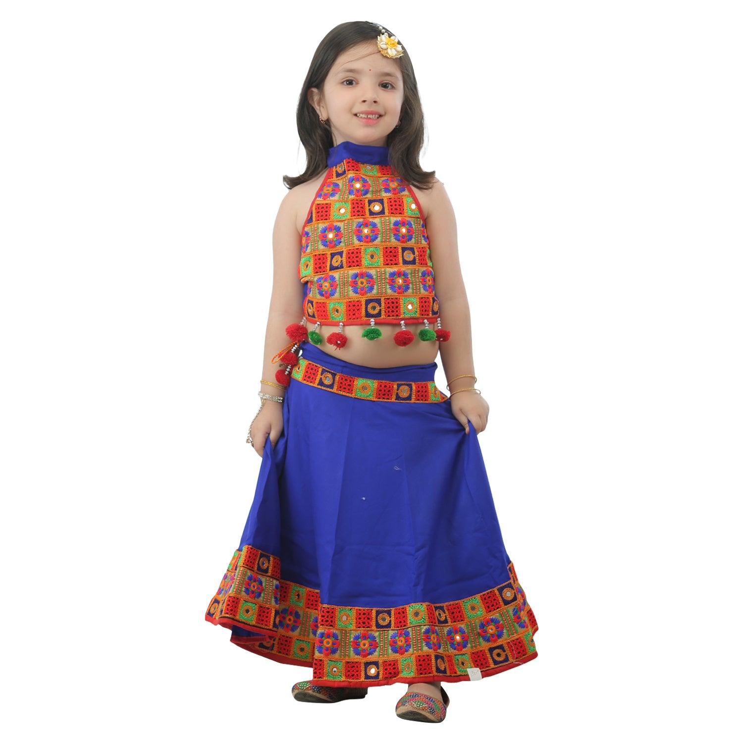 Ahhaaaa Kids Ethnic Cotton Blend Radha Dress Lehenga Choli Chania Choli Set For Baby Girls Blue