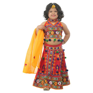 Ahhaaaa Kids Ethnic Cotton Blend Radha Dress Lehenga Choli Chania Choli Set For Baby Girls Red