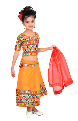 Ahhaaaa Kids Ethnic Cotton Blend Radha Dress / Lehenga Choli / Chania Choli Set For Girls