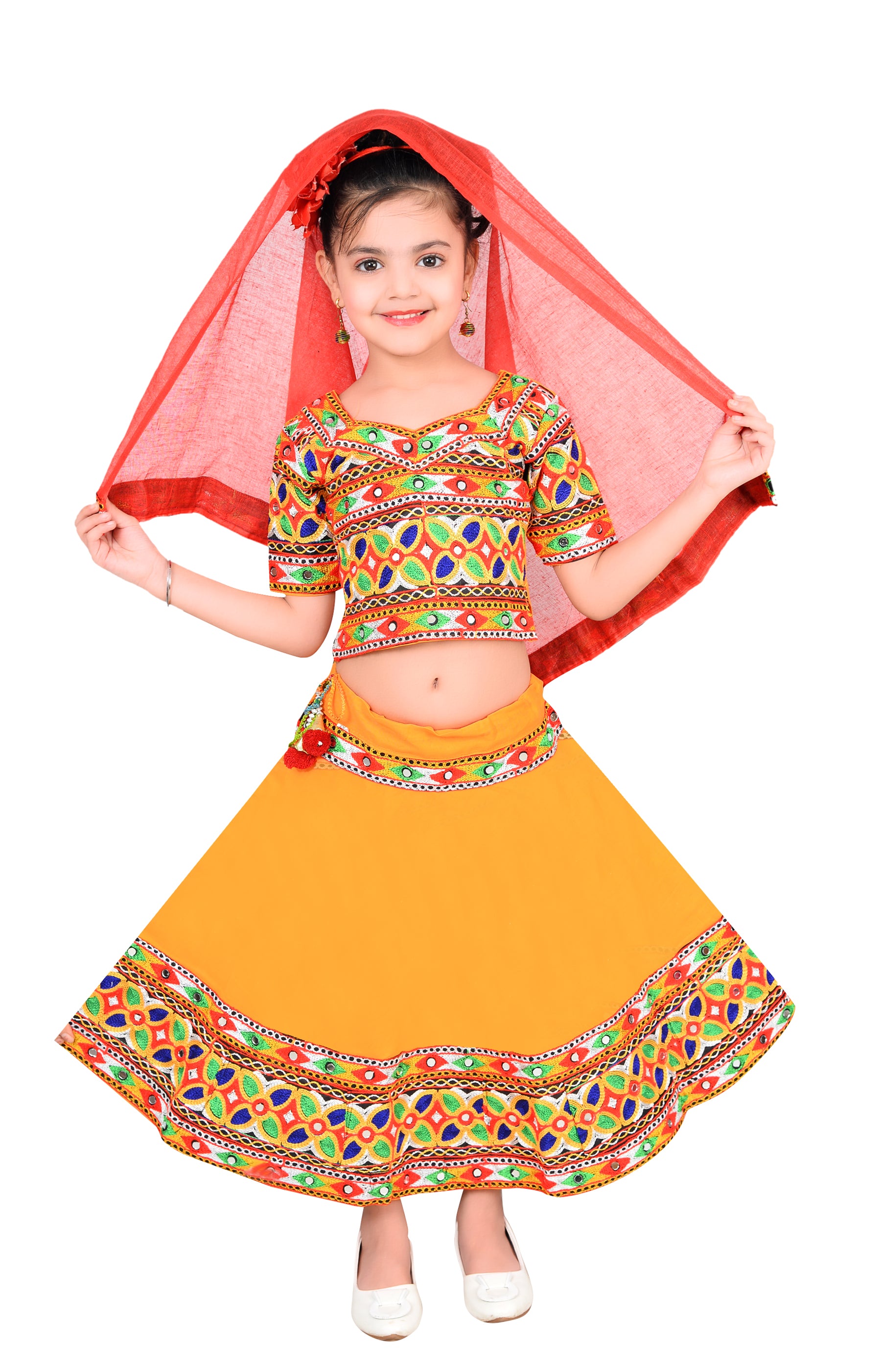 Ahhaaaa Kids Ethnic Cotton Blend Radha Dress / Lehenga Choli / Chania Choli Set For Girls Yellow