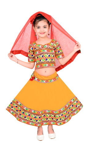 Ahhaaaa Kids Ethnic Cotton Blend Radha Dress / Lehenga Choli / Chania Choli Set For Girls Yellow