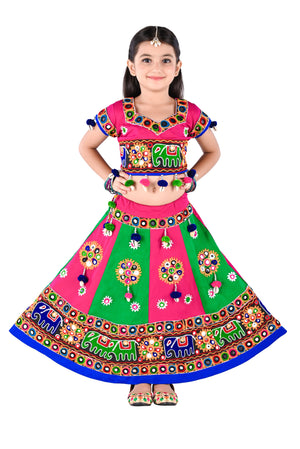 Ahhaaaa Kids Ethnic Cotton Blend Radha Dress / Lehenga Choli / Chania Choli Set For Girls Pink