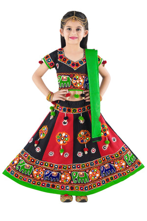 Ahhaaaa Kids Ethnic Cotton Blend Radha Dress / Lehenga Choli / Chania Choli Set For Girls Black