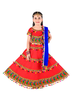 Ahhaaaa Kids Ethnic Cotton Blend Radha Dress / Lehenga Choli / Chania Choli Set For Girls Orange