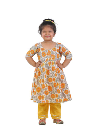 Ahhaaaa Kids Ethnic Cotton Floral Print Anarkali Kurti and Soild Pant For Girls Mustard