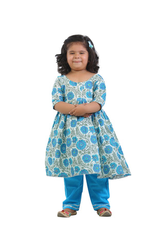 Ahhaaaa Kids Ethnic Cotton Floral Print Anarkali Kurti and Soild Pant For Girls Blue