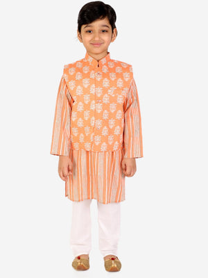 Ahhaaaa Kids Ethnic Cotton Kurta Pyjama with Waistcoat Set for Boys Orange