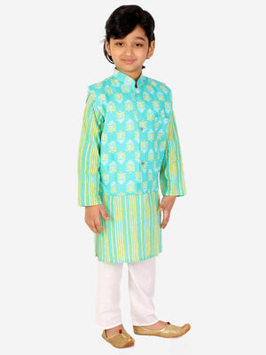 Ahhaaaa Kids Ethnic Cotton Kurta Pyjama with Waistcoat Set for Boys