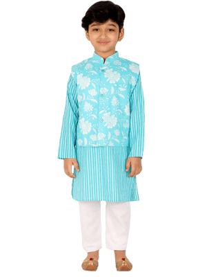 Ahhaaaa Kids Ethnic Cotton Kurta Pyjama with Waistcoat Set for Boys Sky Blue