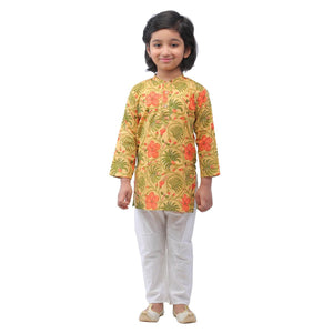 Ahhaaaa Kids Ethnic Cotton Printed Kurta Pyjama Set for Boys Mustard