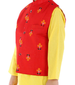 Ahhaaaa Kids Ethnic Cotton Printed Waistcoat with Kurta Pajama Set For Boys Yellow