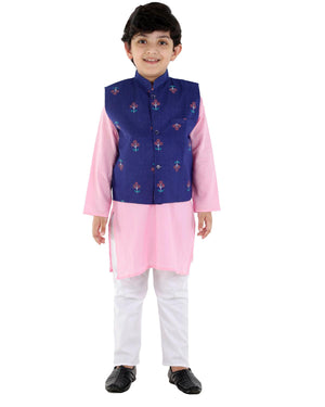 Ahhaaaa Kids Ethnic Cotton Printed Waistcoat with Kurta Pajama Set For Boys Pink