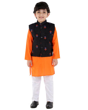 Ahhaaaa Kids Ethnic Cotton Printed Waistcoat with Kurta Pajama Set For Boys Orange
