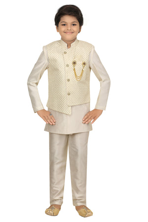 Ahhaaaa Kids Ethnic Cotton Silk Blend Nehru Modi Jacket Kurta & Pyjama Set for Boys Cream