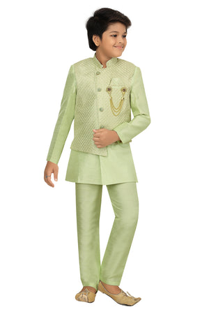 Ahhaaaa Kids Ethnic Cotton Silk Blend Nehru Modi Jacket Kurta & Pyjama Set for Boys Green