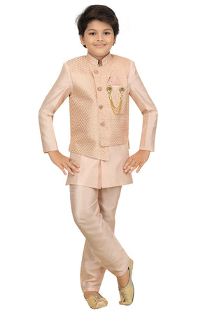 Ahhaaaa Kids Ethnic Cotton Silk Blend Nehru Modi Jacket Kurta & Pyjama Set for Boys Pink