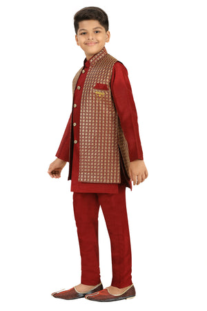 Ahhaaaa Kids Ethnic Silk Blend Indo-Western Sherwani and Kurta Pyjama Set for Boys