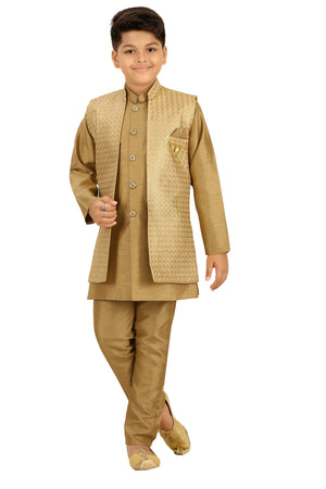 Ahhaaaa Kids Ethnic Silk Blend Indo-Western Sherwani and Kurta Pyjama Set for Boys Gold