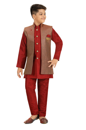 Ahhaaaa Kids Ethnic Silk Blend Indo-Western Sherwani and Kurta Pyjama Set for Boys Maroon