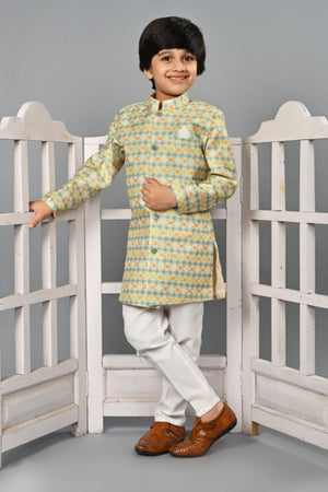 Ahhaaaa Kids Ethnic Silk Blend Indo-Western Sherwani Set For Boys 491 Green