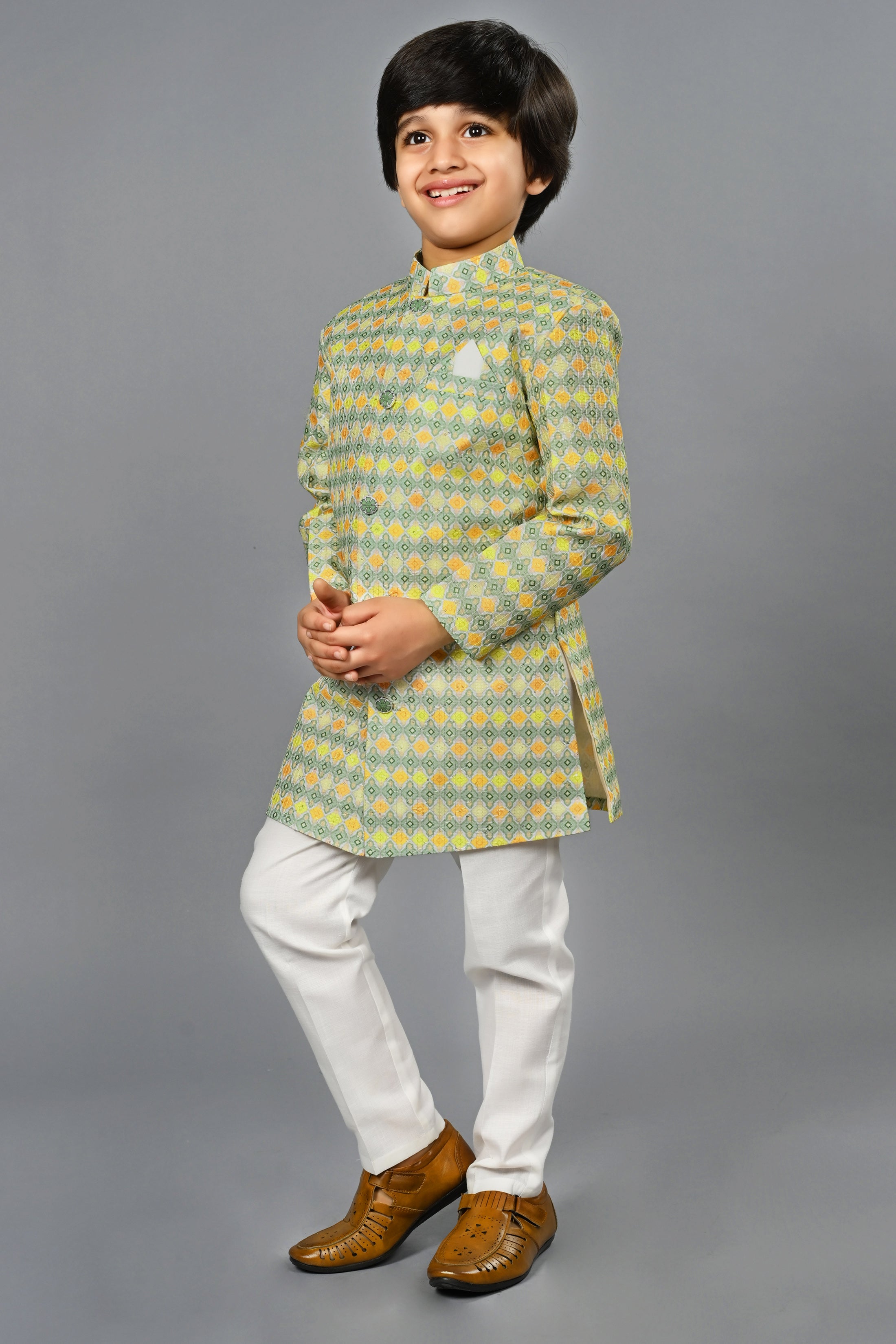 Ahhaaaa Kids Ethnic Silk Blend Indo-Western Sherwani Set For Boys 491