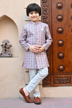 Ahhaaaa Kids Ethnic Silk Blend Indo-Western Sherwani Set For Boys 492 Pink