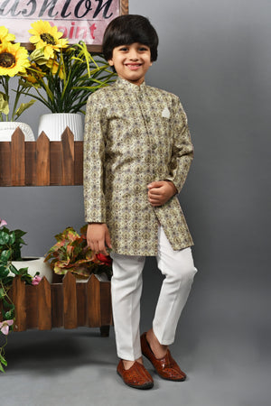 Ahhaaaa Kids Ethnic Silk Blend Indo-Western Sherwani Set For Boys 492 Grey