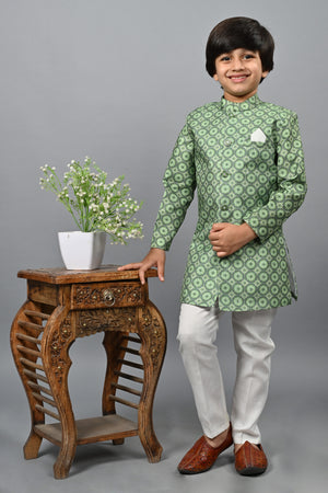 Ahhaaaa Kids Ethnic Silk Blend Indo-Western Sherwani Set For Boys 505 Green