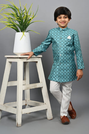 Ahhaaaa Kids Ethnic Silk Blend Indo-Western Sherwani Set For Boys 505 Turquoise
