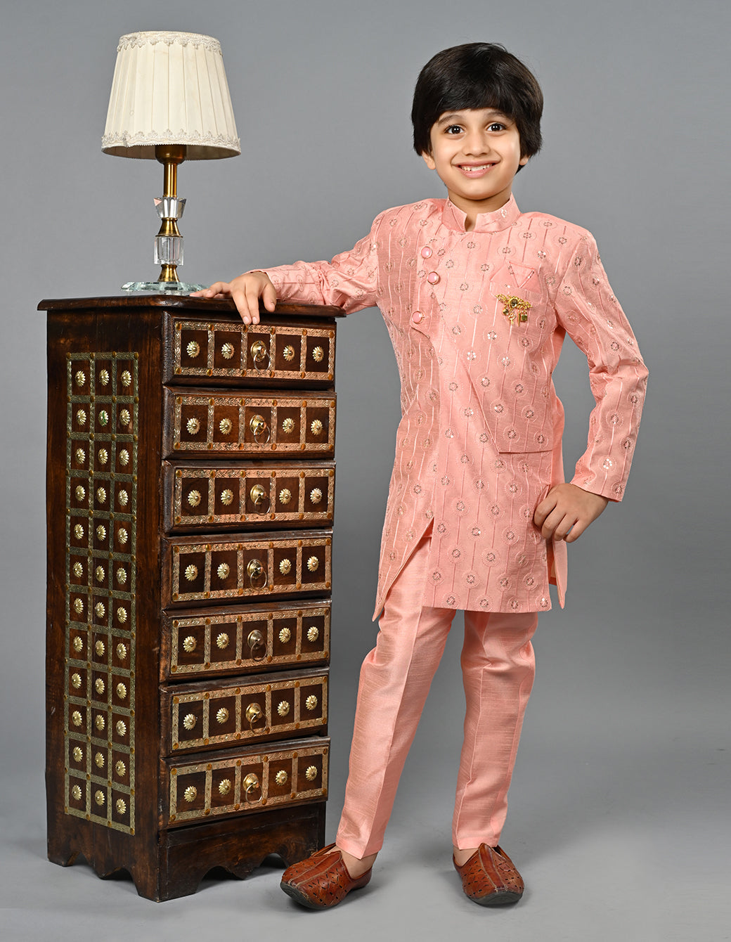 Ahhaaaa Kids Ethnic Silk Blend Indo-Western Sherwani Set For Boys Pink