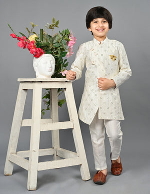 Ahhaaaa Kids Ethnic Silk Blend Indo-Western Sherwani Set For Boys Cream