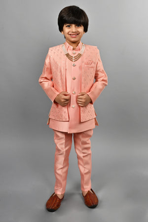 Ahhaaaa Kids Ethnic Silk Blend Indo-Western Sherwani Set For Boys