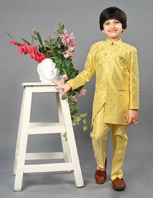 Ahhaaaa Kids Ethnic Silk Blend Indo-Western Sherwani Set For Boys Yellow