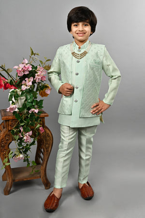 Ahhaaaa Kids Ethnic Silk Blend Indo-Western Sherwani Set For Boys Green