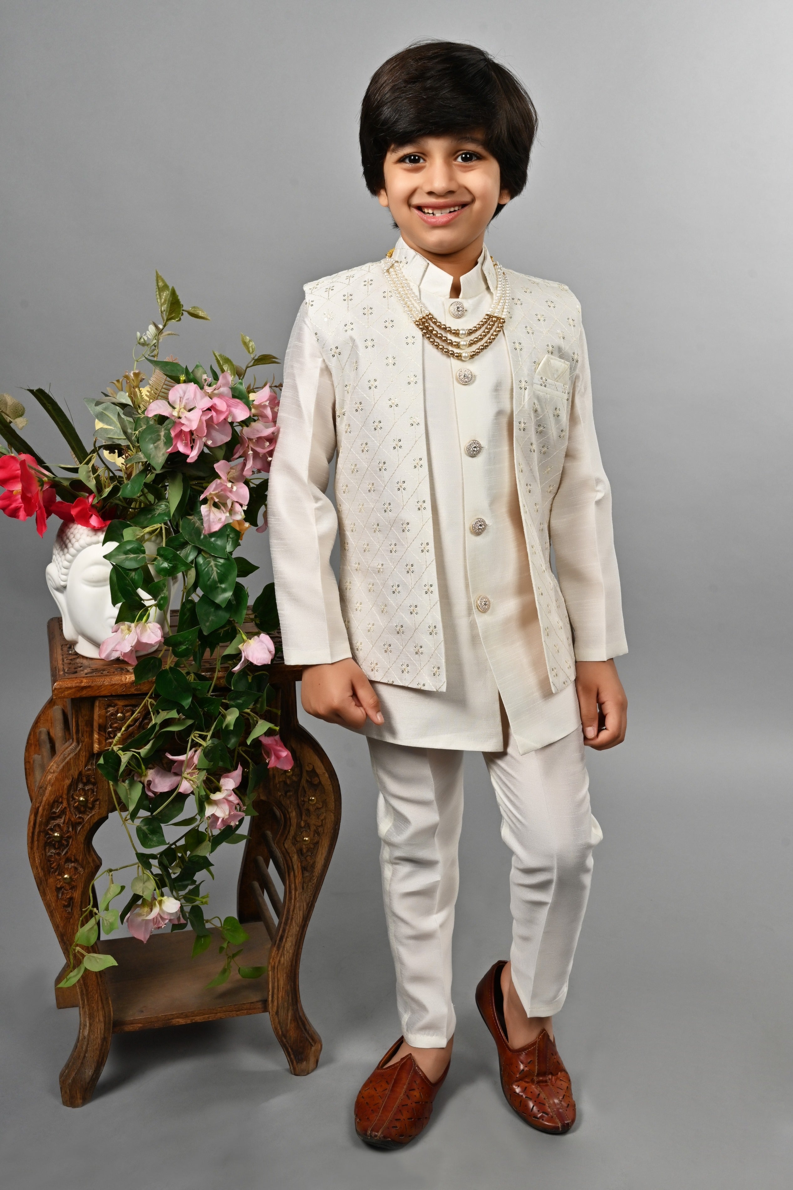 Ahhaaaa Kids Ethnic Silk Blend Indo-Western Sherwani Set For Boys Cream