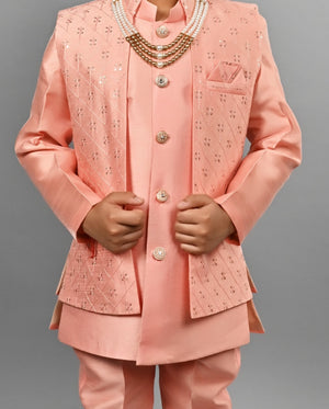 Ahhaaaa Kids Ethnic Silk Blend Indo-Western Sherwani Set For Boys