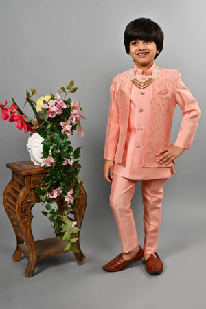 Ahhaaaa Kids Ethnic Silk Blend Indo-Western Sherwani Set For Boys Pink