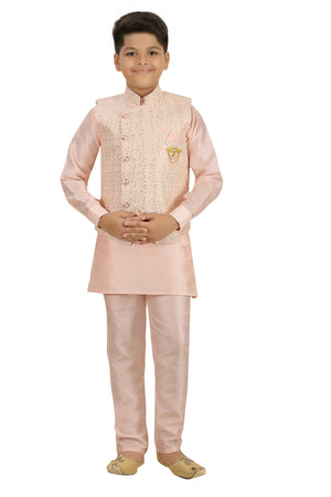 Ahhaaaa Kids Ethnic Silk Blend Waistcoat, and Kurta Pyjama Set for Boys Pink