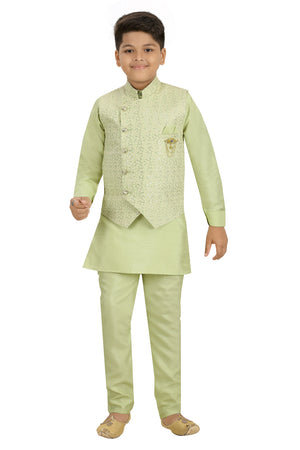 Ahhaaaa Kids Ethnic Silk Blend Waistcoat, and Kurta Pyjama Set for Boys Light Green