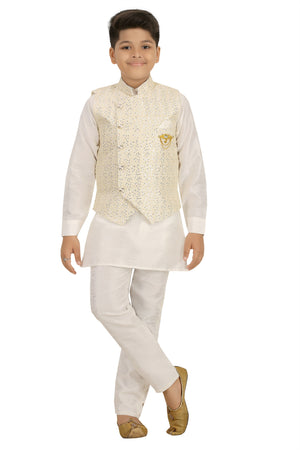 Ahhaaaa Kids Ethnic Silk Blend Waistcoat, and Kurta Pyjama Set for Boys Cream