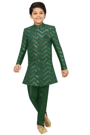 Ahhaaaa Kids Ethnic Silk Blend Zari Work Indo-Western Sherwani Set for Boys Green