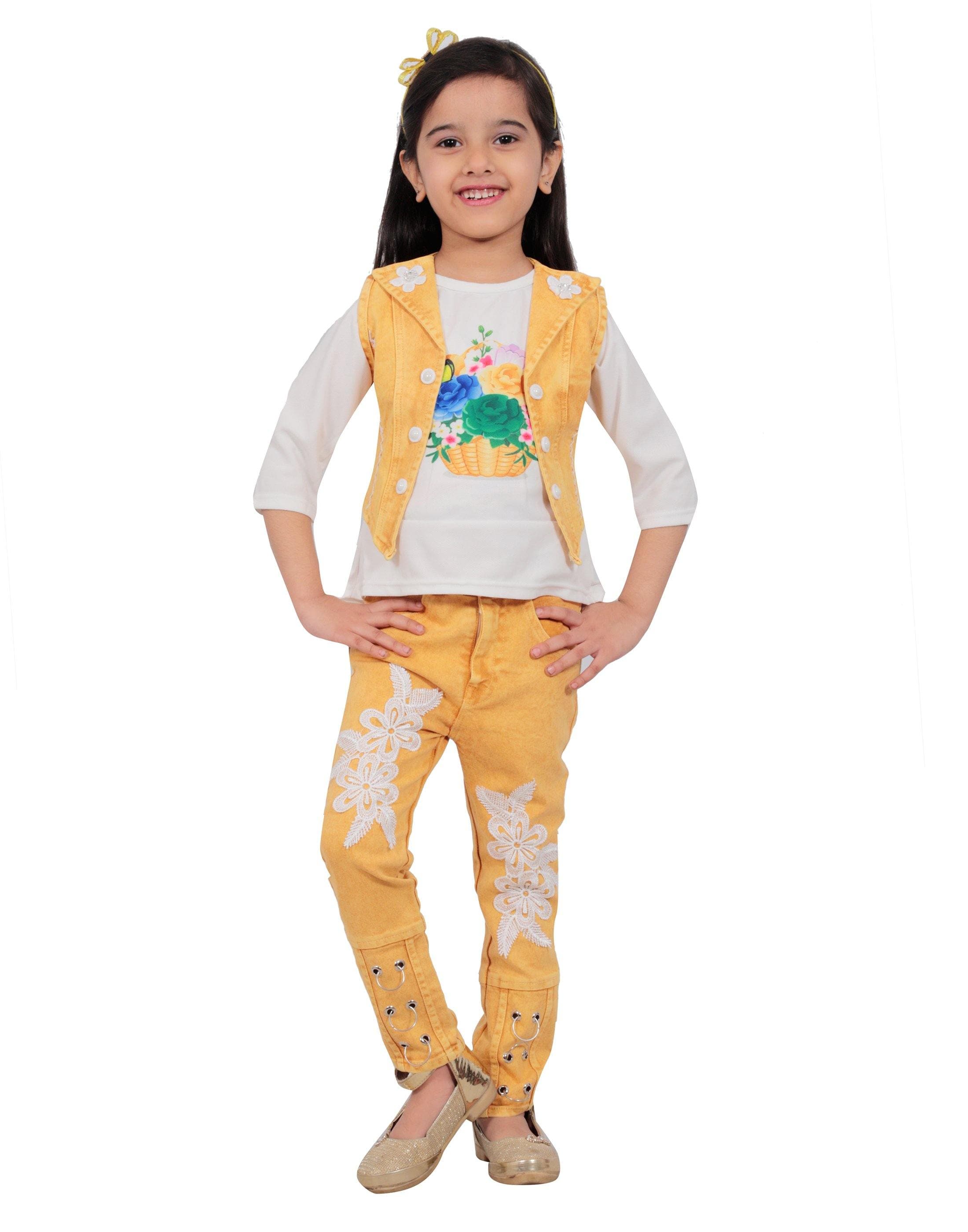 Ahhaaaa Kids Top, Jeans and Jacket for Girls Mustard