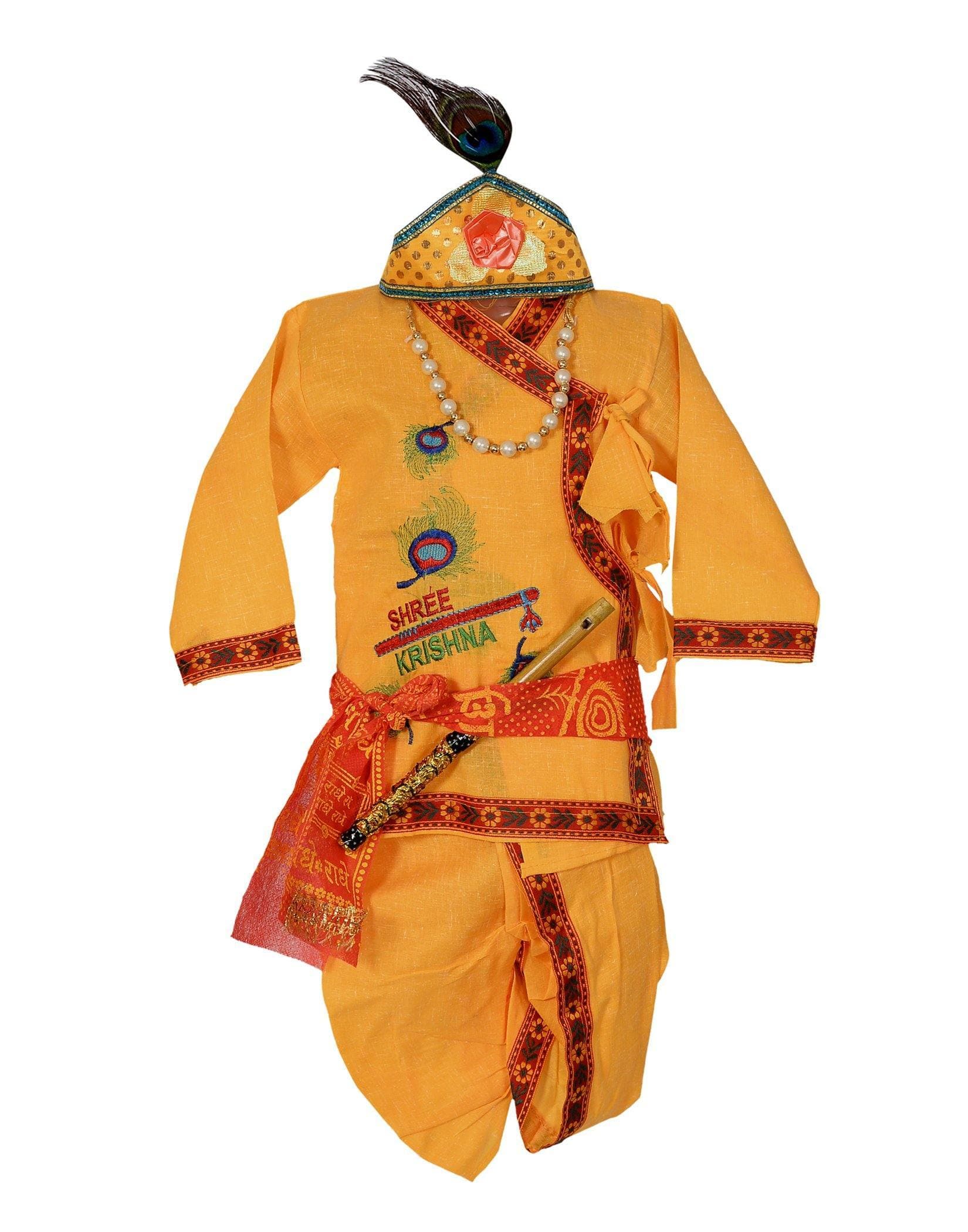 Ahhaaaa Krishna Dress Mor Pankh Handicraft Kurta with Dhoti Pant for Boys Yellow